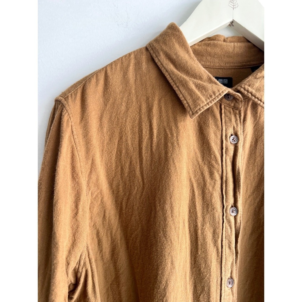 Uniqlo Womens 100% Cotton Flannel Button‎ Down Shirt Camel Brown 231-410396 - Picture 3 of 8